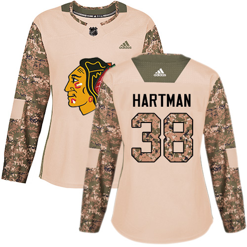 Adidas Blackhawks #38 Ryan Hartman Camo Authentic Veterans Day Women's Stitched NHL Jersey - Click Image to Close